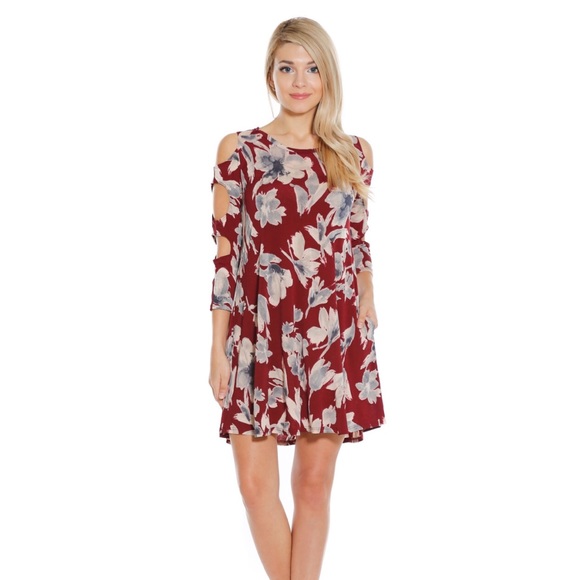 Burgundy Floral Cut Out Shift Dress - Picture 4 of 7
